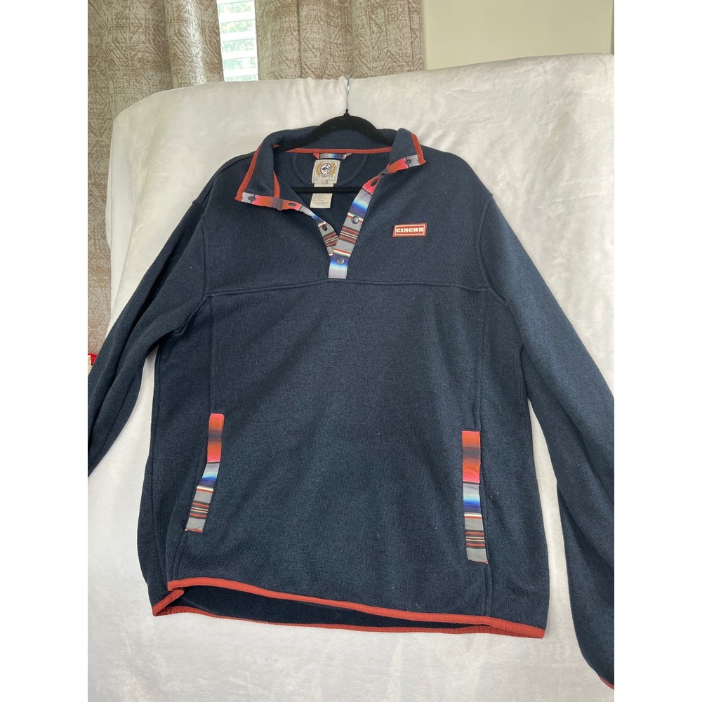 Cinch Fleece Pullover Mens Large Navy Blue Excellent Serape Trim MWK1534001
